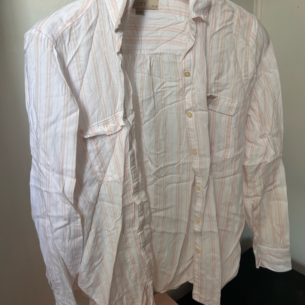 LOFT Pink and White Casual Button Down Shirt